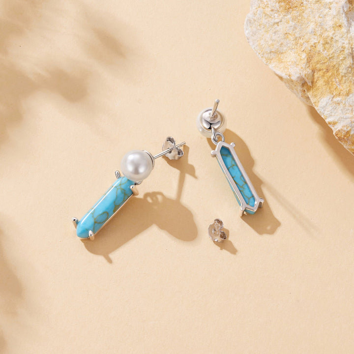925 Sterling Silver Earrings with Synthetic Turquoise and Pearl, 2.4*0.6cm for Women