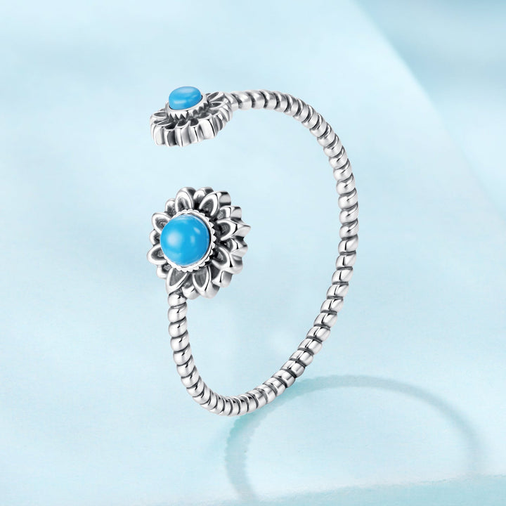 925 Sterling Silver Synthetic Turquoise Ring for Women - Oxidized Silver, Width: 0.12cm, Size: 0.5-0.7cm