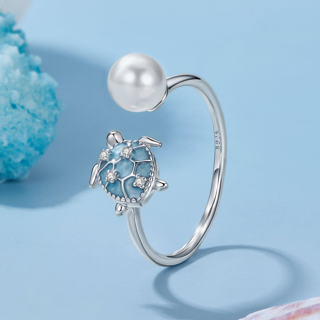 925 Sterling Silver Turtle Ring with Quality Shell Pearl &amp; CZ - Size: nan