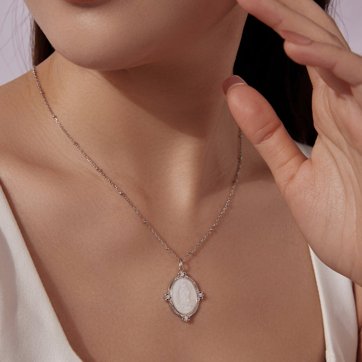 925 Sterling Silver Necklace with White Gold Plating, 40+5cm Length, CZ &amp; Mother of Pearl Pendant for Women