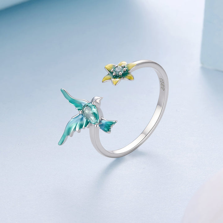 925 Sterling Silver White Gold Plated Enamel Transparent Glass Bird Ring for Women