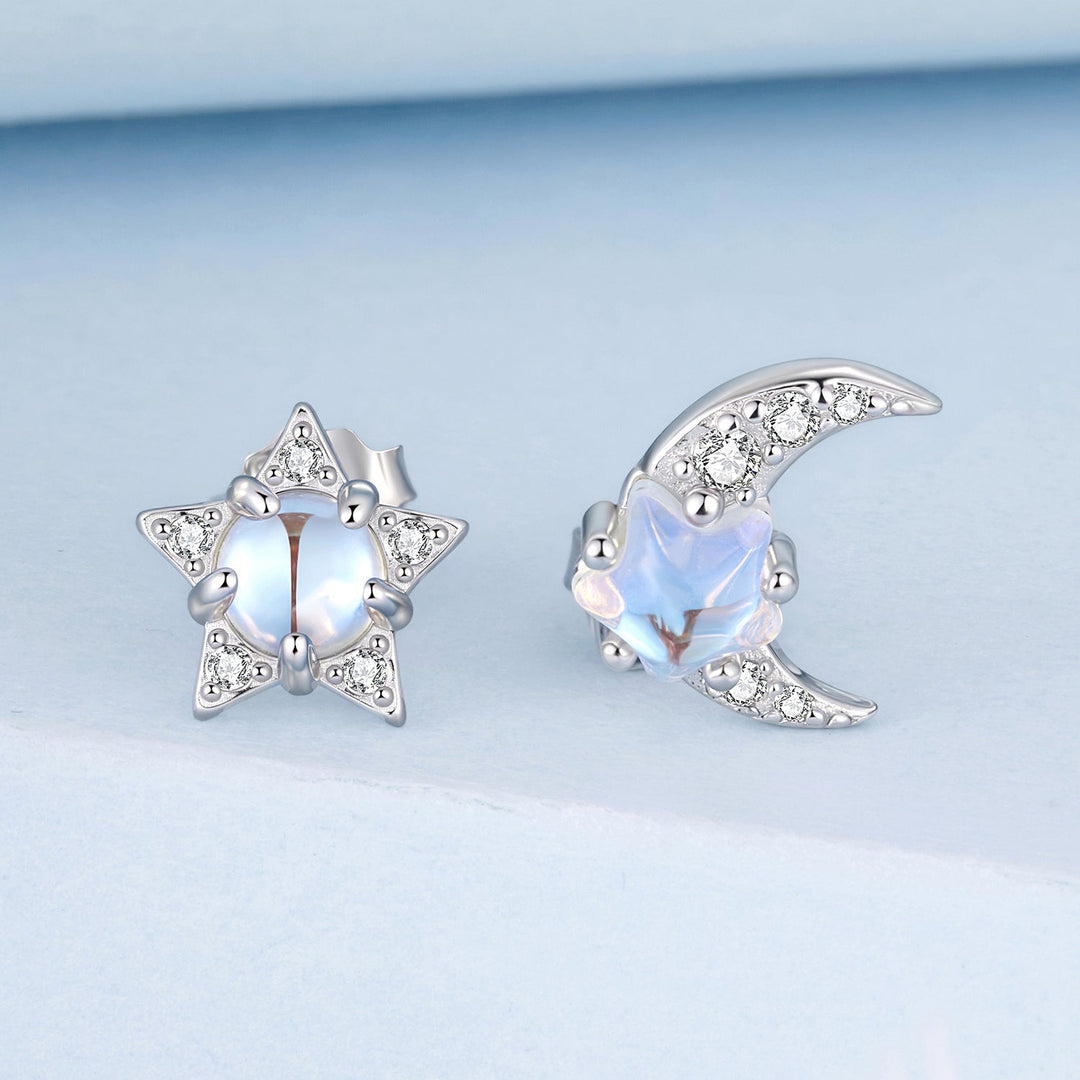925 Sterling Silver White Gold Plated Moonstone &amp; CZ Earrings
