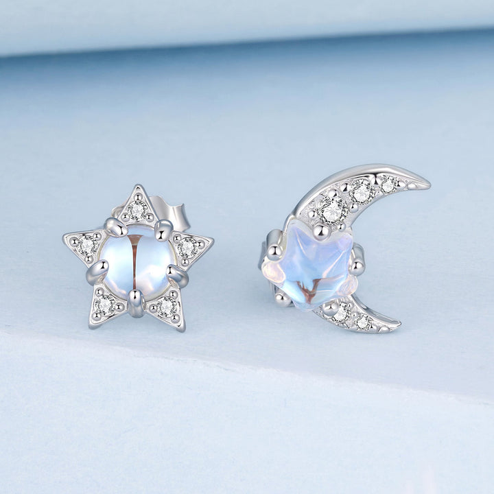 925 Sterling Silver White Gold Plated Moonstone &amp; CZ Earrings