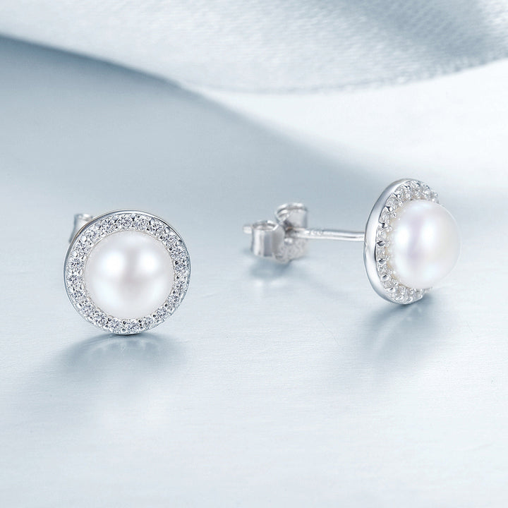 925 Sterling Silver Freshwater Pearl Earrings with CZ for Women
