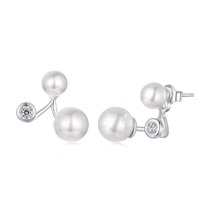 925 Sterling Silver Earrings with CZ and Synthetic Pearl, 1.7cm, White Gold Plated for Women