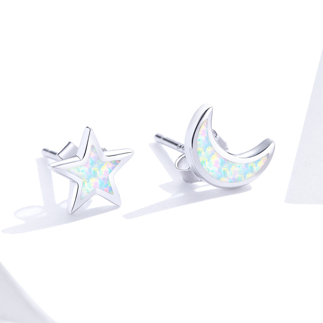 925 Sterling Silver Opal Earrings for Women - Star &amp; Moon Design