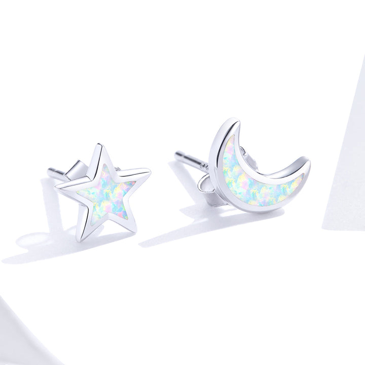 925 Sterling Silver Opal Earrings for Women - Star &amp; Moon Design