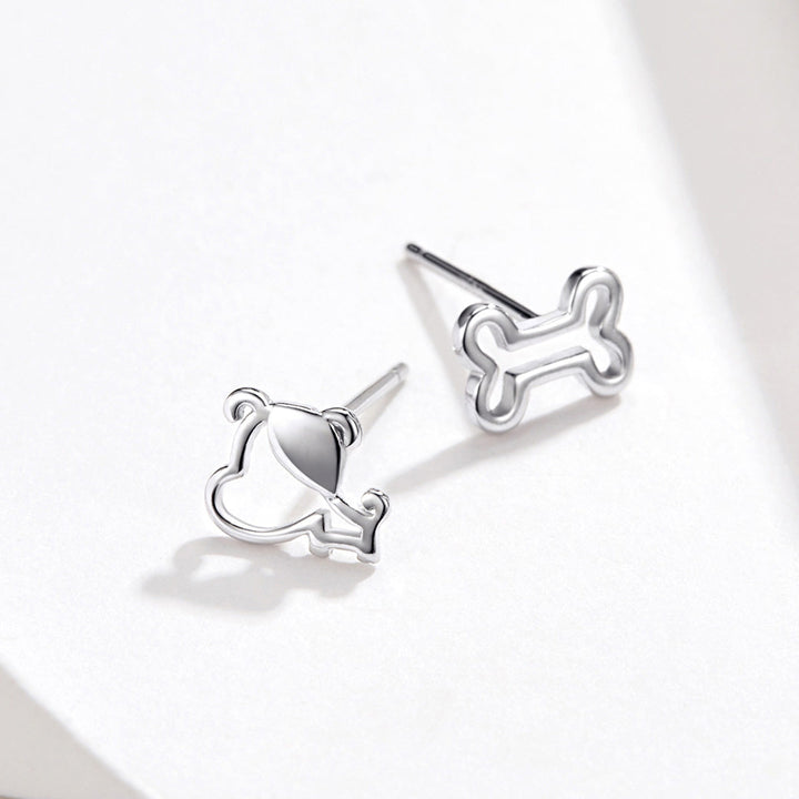 925 Sterling Silver Earrings for Women, 0.5-0.6cm, Bone and Dog Design, Platinum Plated