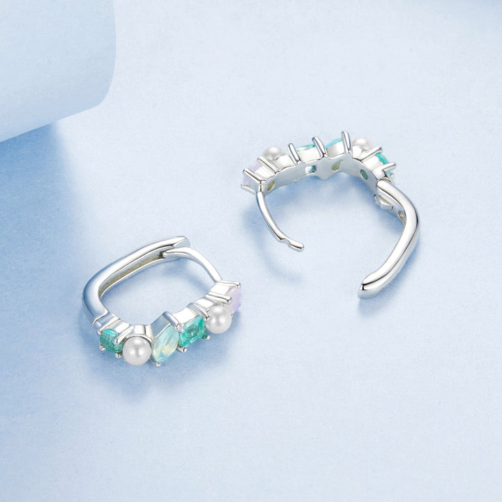 925 Sterling Silver Earrings with Nano Opal, Shell Pearl and Glass, 1.4cm for Women