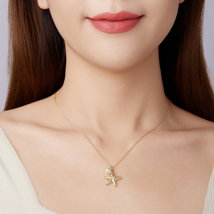 925 Sterling Silver Necklace with Gold Plating, 40+5cm, Featuring Synthetic Pearl &amp; CZ for Women
