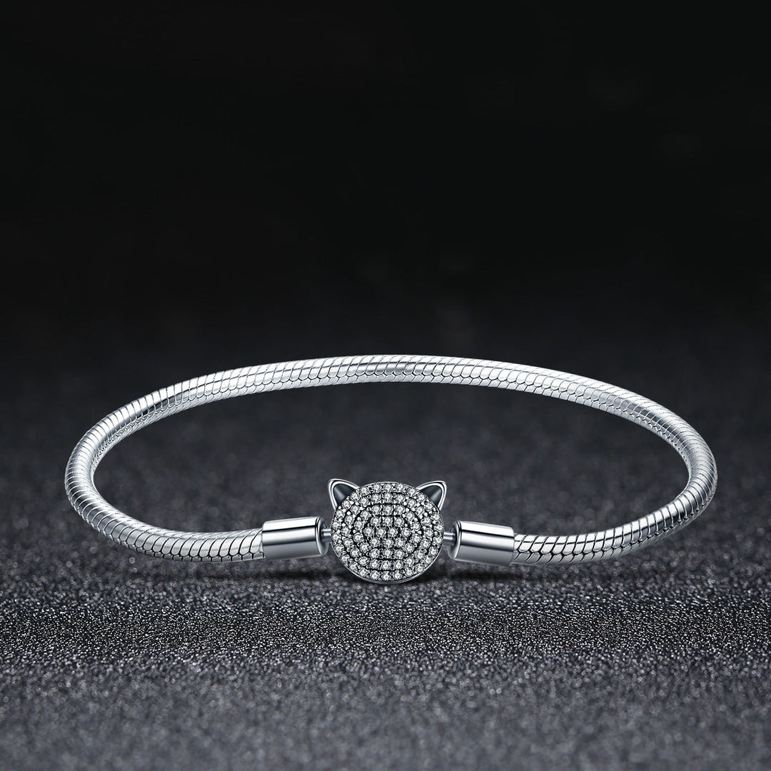 925 Sterling Silver Bracelet with Cat Head Charm, 17cm for Women