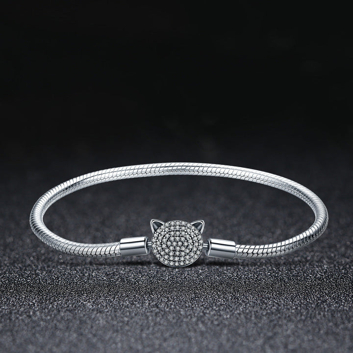 925 Sterling Silver Bracelet with Cat Head Charm, 17cm for Women