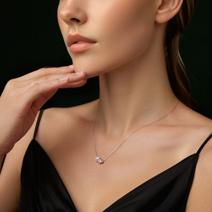 925 Sterling Silver Moissanite &amp; Freshwater Pearl White Gold Necklace 45cm for Women