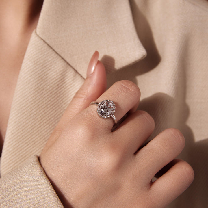 925 Sterling Silver Pavé Setting CZ White Gold Plated Ring with Transparent Glass for Women