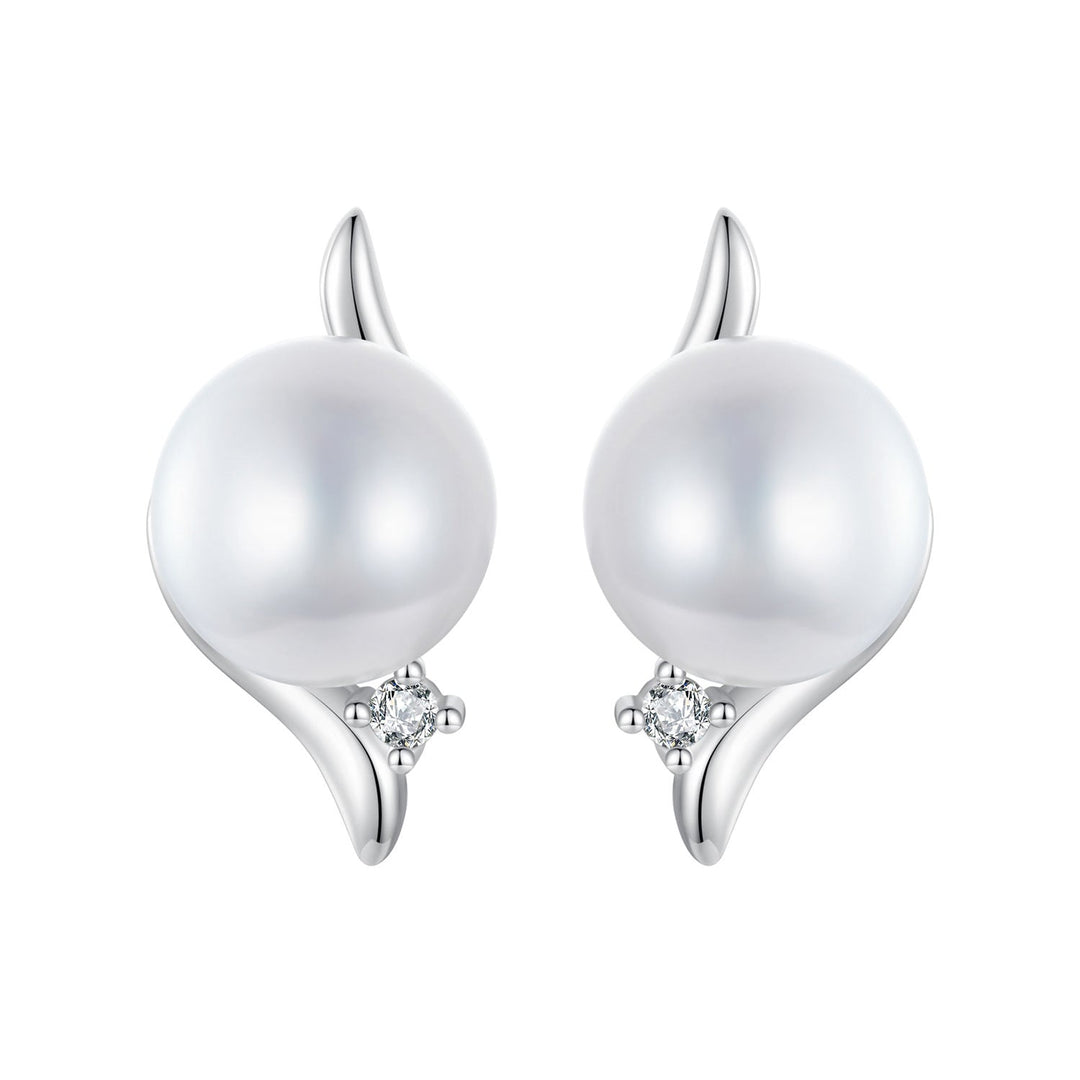 925 Sterling Silver Natural Pearl &amp; CZ Earrings Plated in Platinum