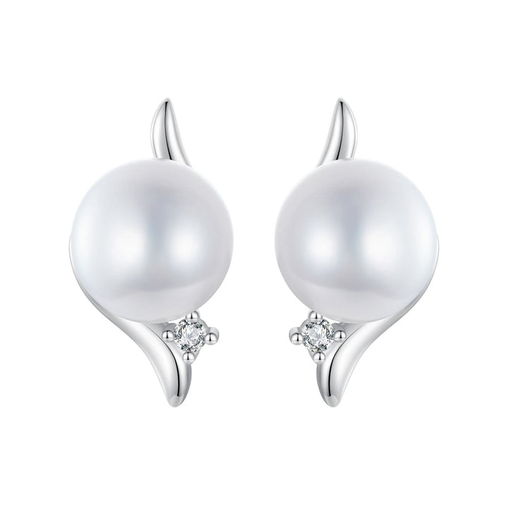 925 Sterling Silver Natural Pearl &amp; CZ Earrings Plated in Platinum