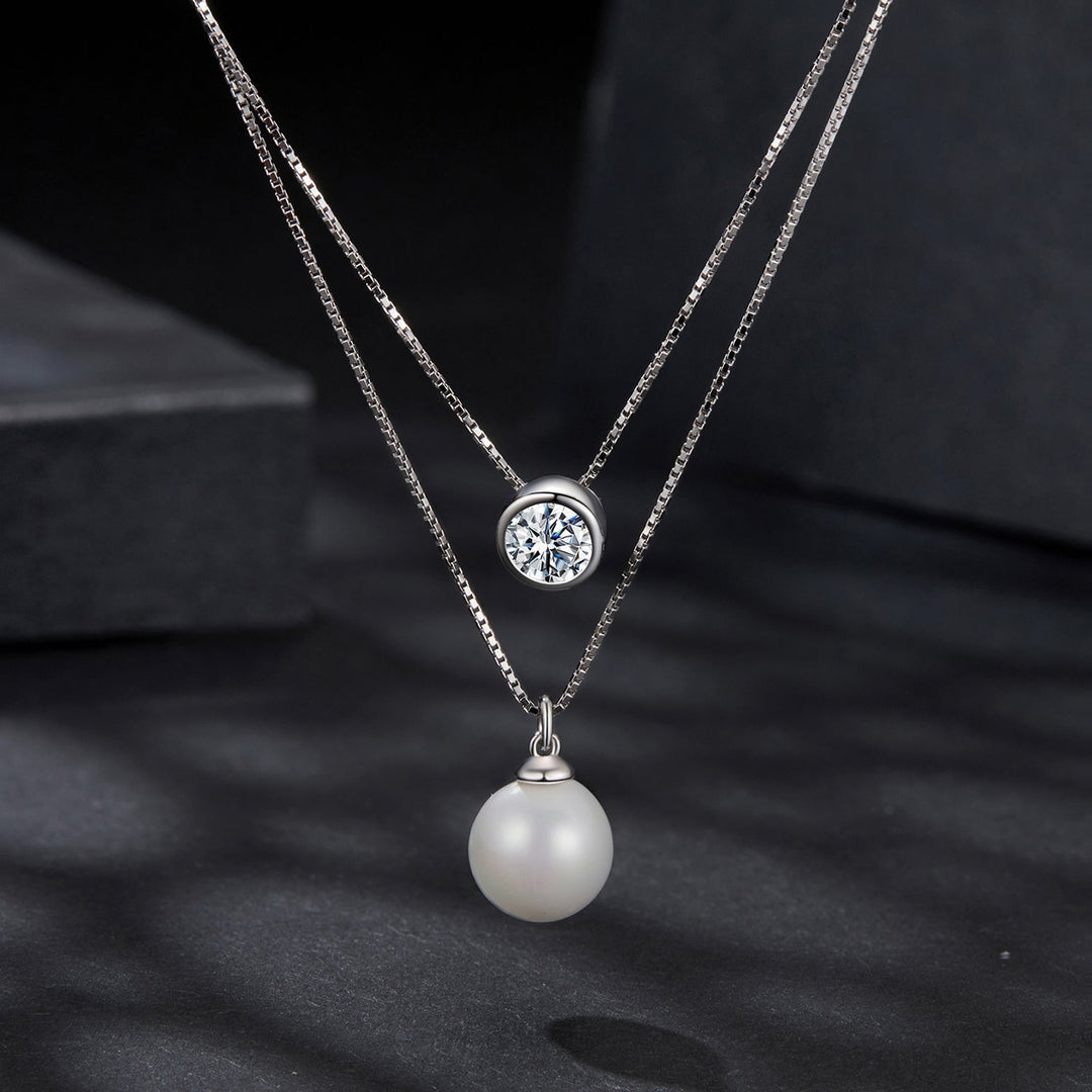 925 Sterling Silver Moissanite &amp; Quality Shell Pearl Necklace for Women - 40+5cm, White Gold Plated