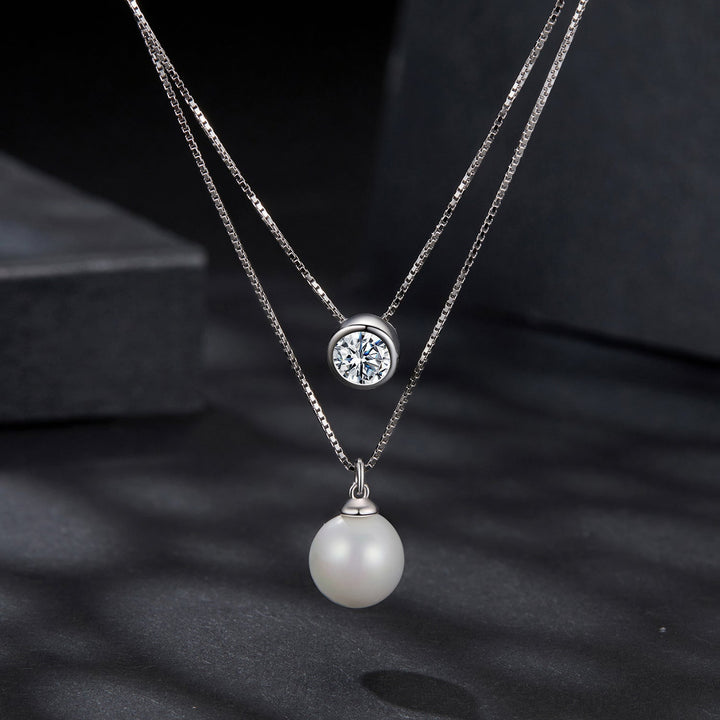 925 Sterling Silver Moissanite &amp; Quality Shell Pearl Necklace for Women - 40+5cm, White Gold Plated