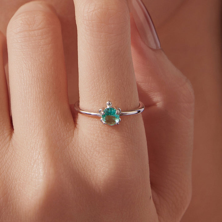 925 Sterling Silver White Gold Plated Transparent Glass Turtle Ring