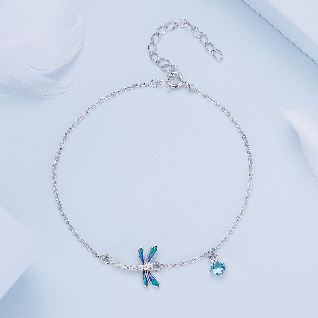 925 Sterling Silver 16.5cm+5cm Enamel Dragonfly Bracelet for Women