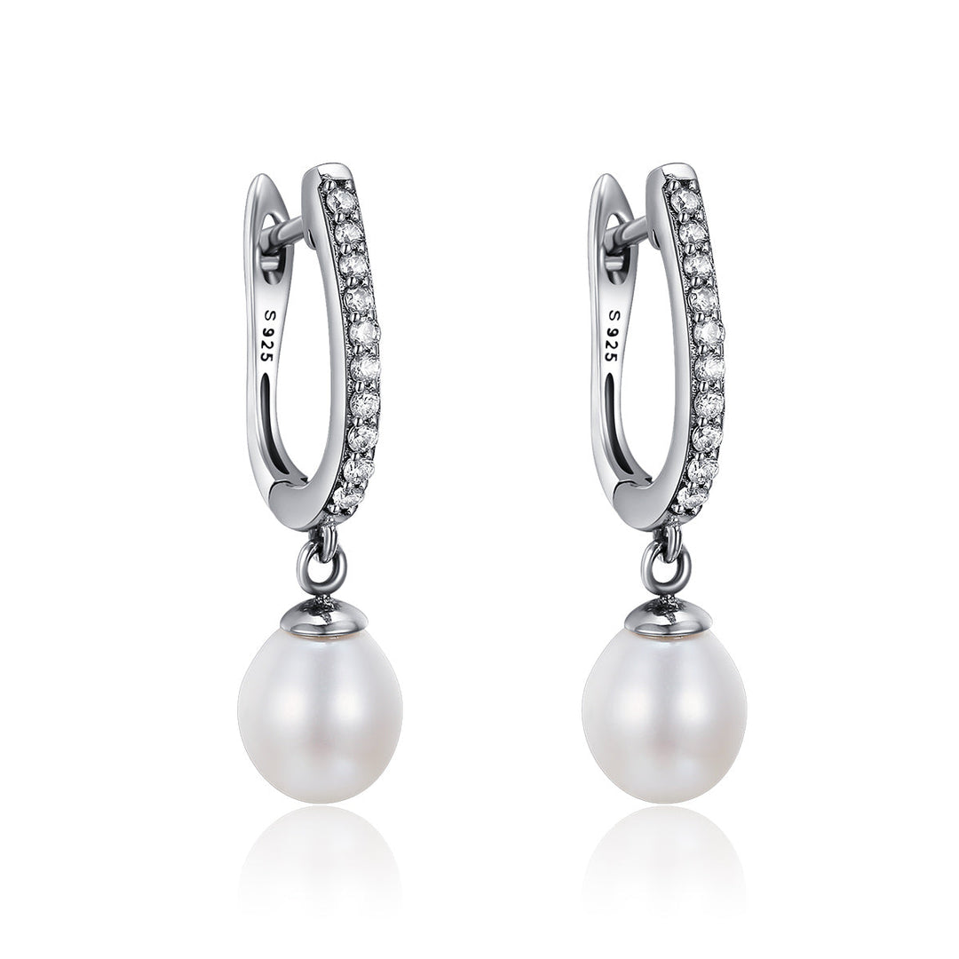 925 Sterling Silver Freshwater Pearl Earrings with Pavé Setting CZ for Women