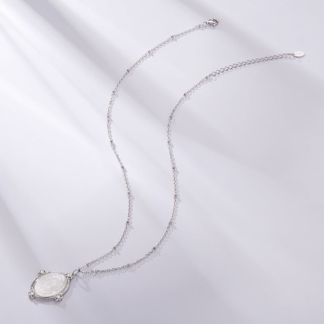 925 Sterling Silver Necklace with White Gold Plating, 40+5cm Length, CZ &amp; Mother of Pearl Pendant for Women