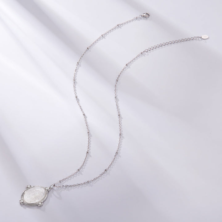 925 Sterling Silver Necklace with White Gold Plating, 40+5cm Length, CZ &amp; Mother of Pearl Pendant for Women