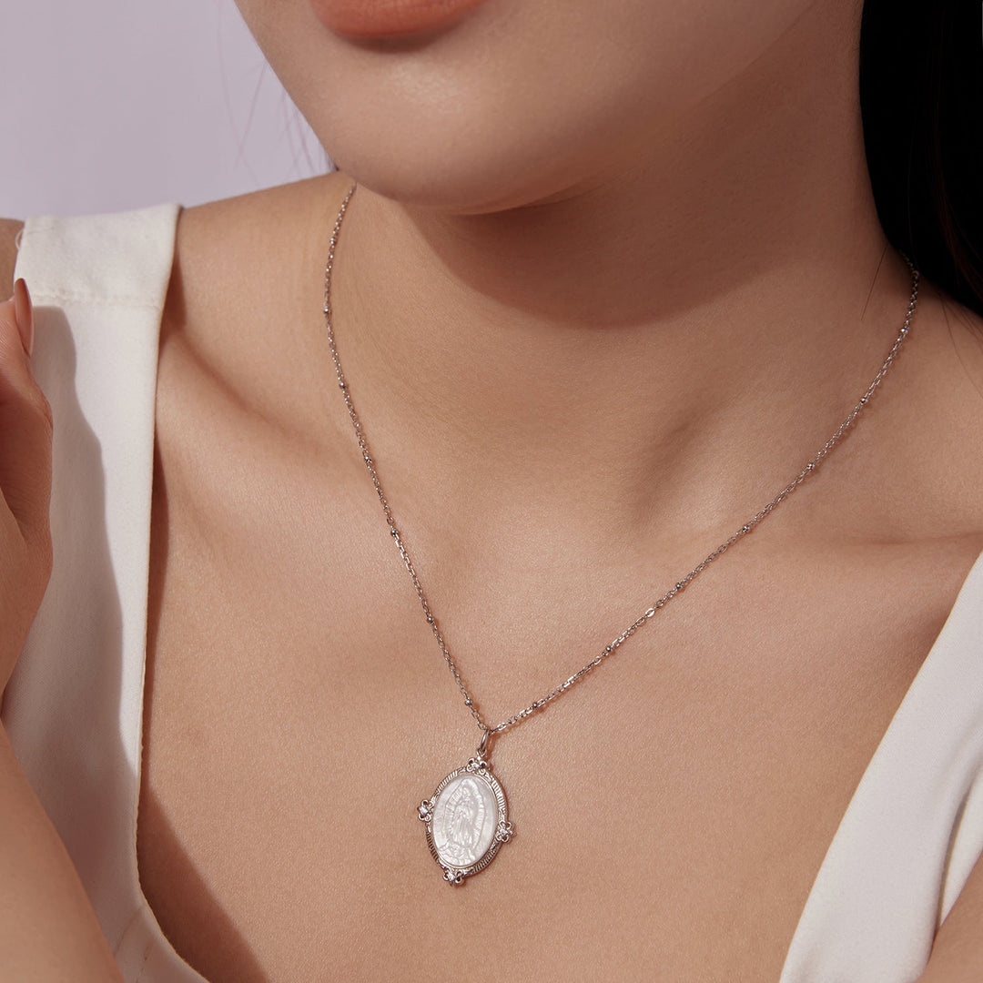 925 Sterling Silver Necklace with White Gold Plating, 40+5cm Length, CZ &amp; Mother of Pearl Pendant for Women