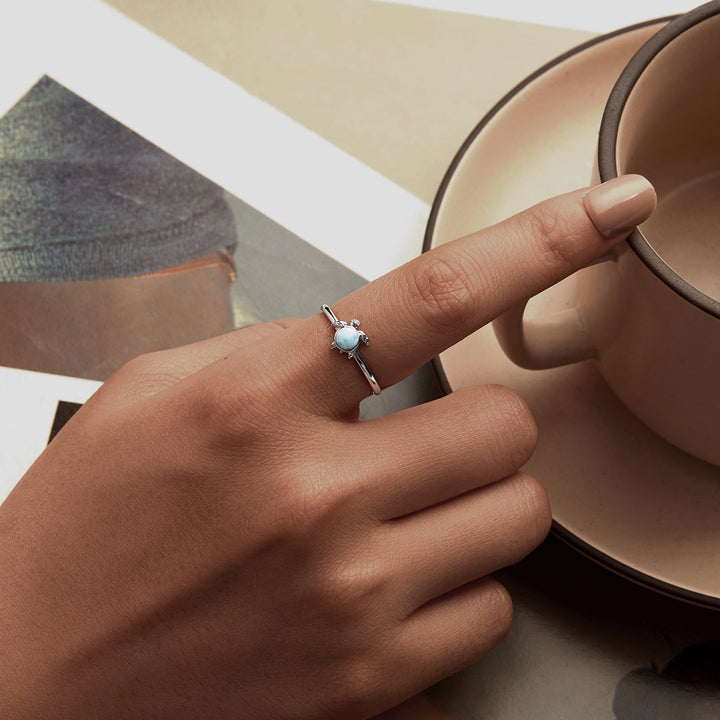 925 Sterling Silver + Plated White Gold Larimar Ring - Style E - 1.6mm Width