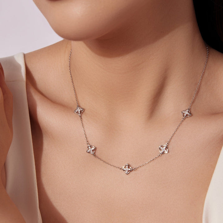 925 Sterling Silver + Moissanite Necklace with Plated White Gold - 40+5cm Length for Women
