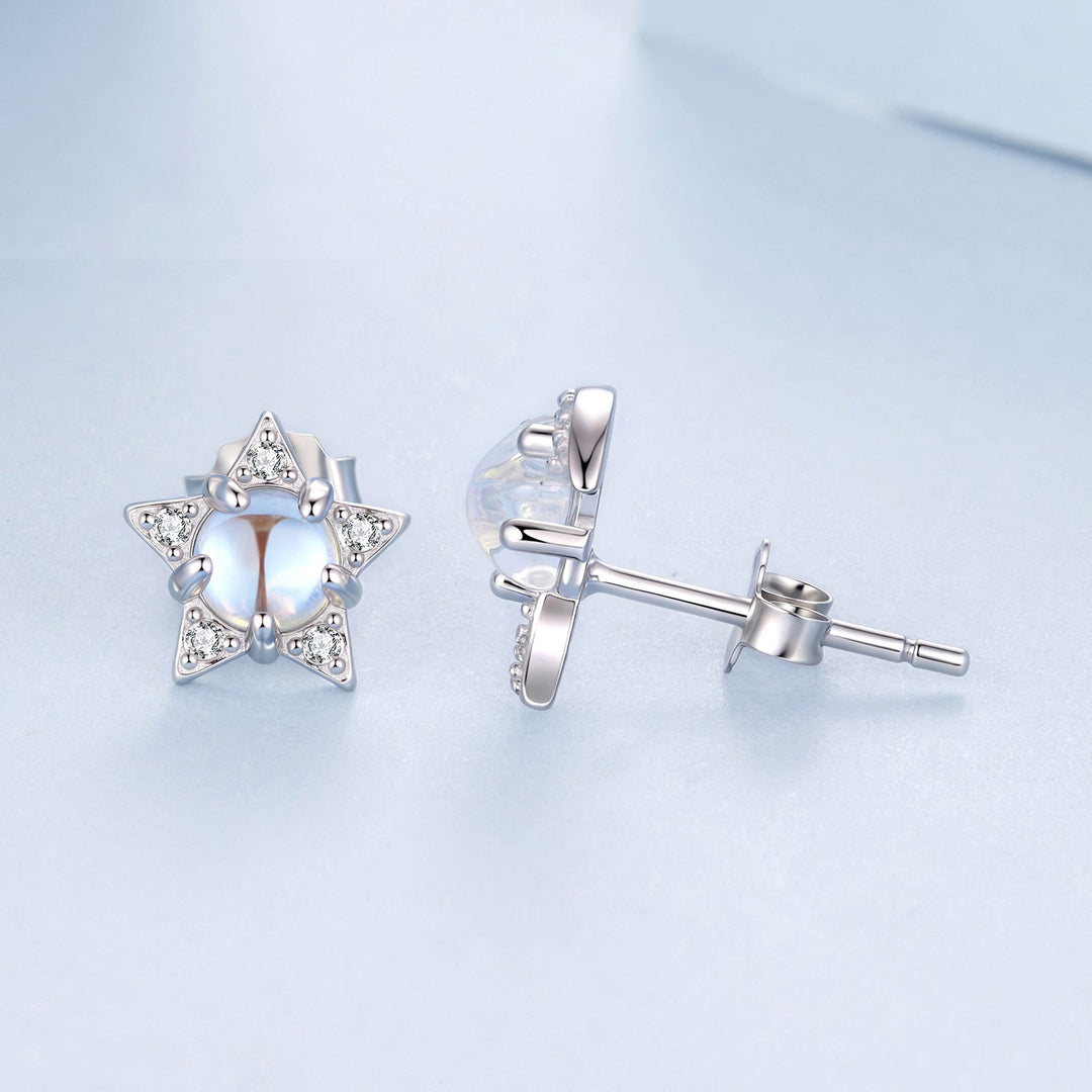925 Sterling Silver White Gold Plated Moonstone &amp; CZ Earrings