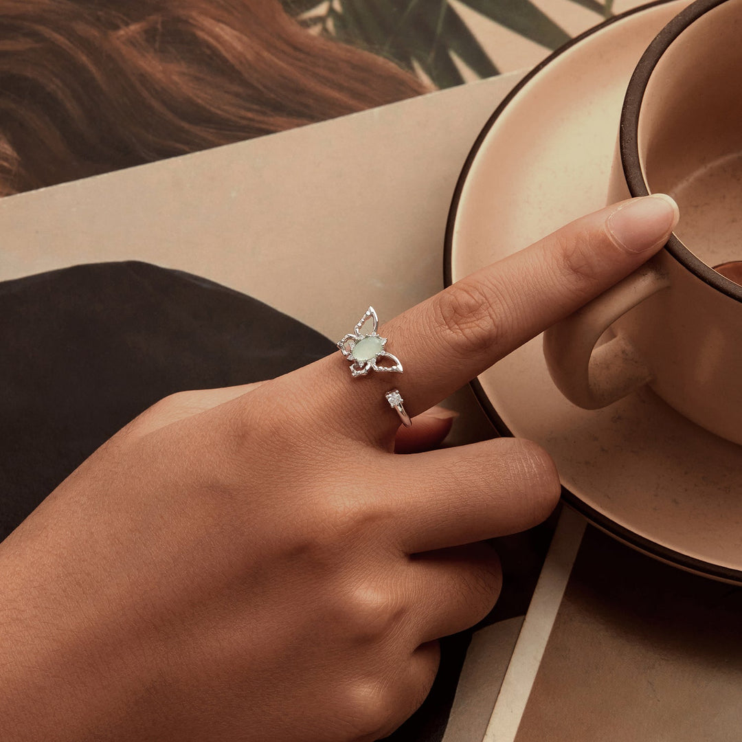 925 Sterling Silver &amp; Natural Jade Pavé Setting Ring for Women