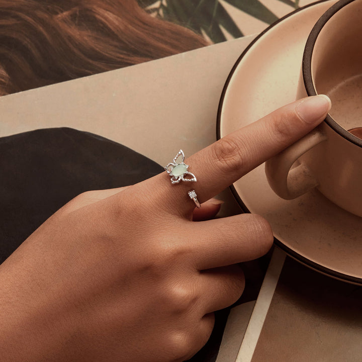 925 Sterling Silver &amp; Natural Jade Pavé Setting Ring for Women