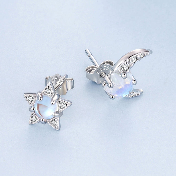 925 Sterling Silver White Gold Plated Moonstone &amp; CZ Earrings