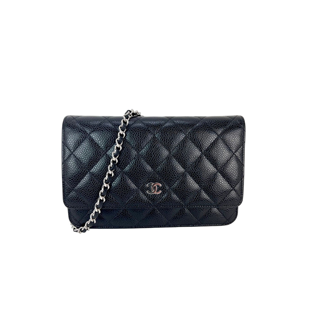 Chanel Quilted Caviar Calfskin Wallet on a Chain Clutch, luxury bags, black leather with chain strap, elegant design.
