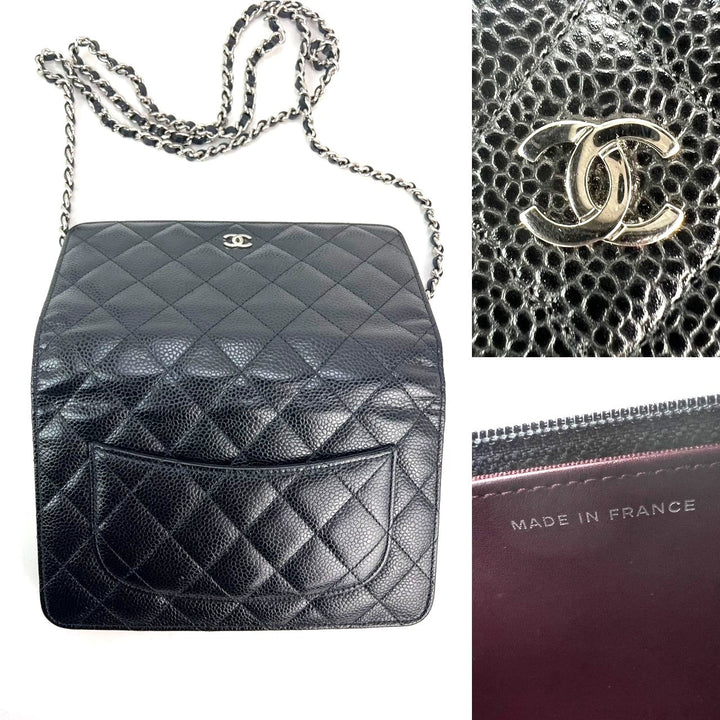 Chanel Quilted Caviar Calfskin Wallet on a Chain Clutch, black luxury bag, featuring silver hardware and braided strap.