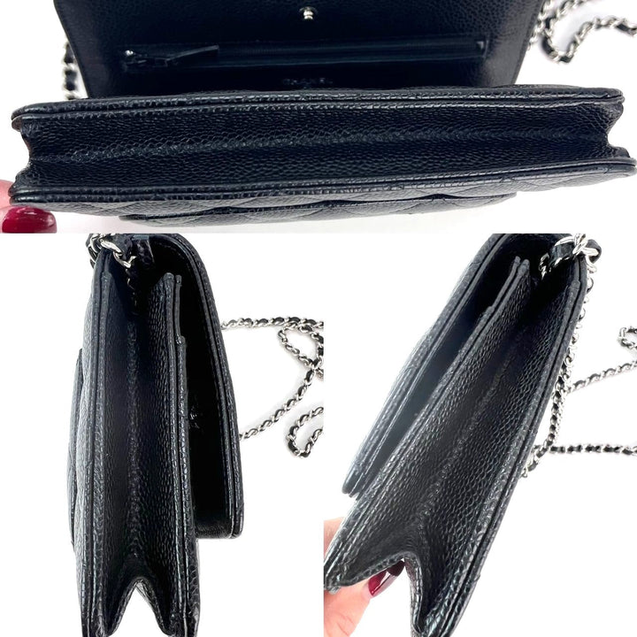 Chanel Quilted Caviar Calfskin Wallet on a Chain Clutch showing interior compartments and leather details, Luxury bags