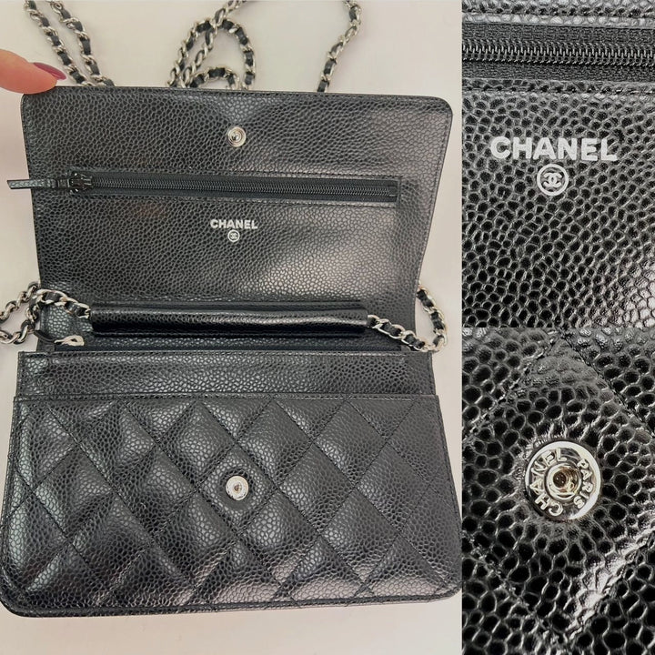 Chanel Quilted Caviar Calfskin Wallet on a Chain Clutch interior and details, luxury bags design.