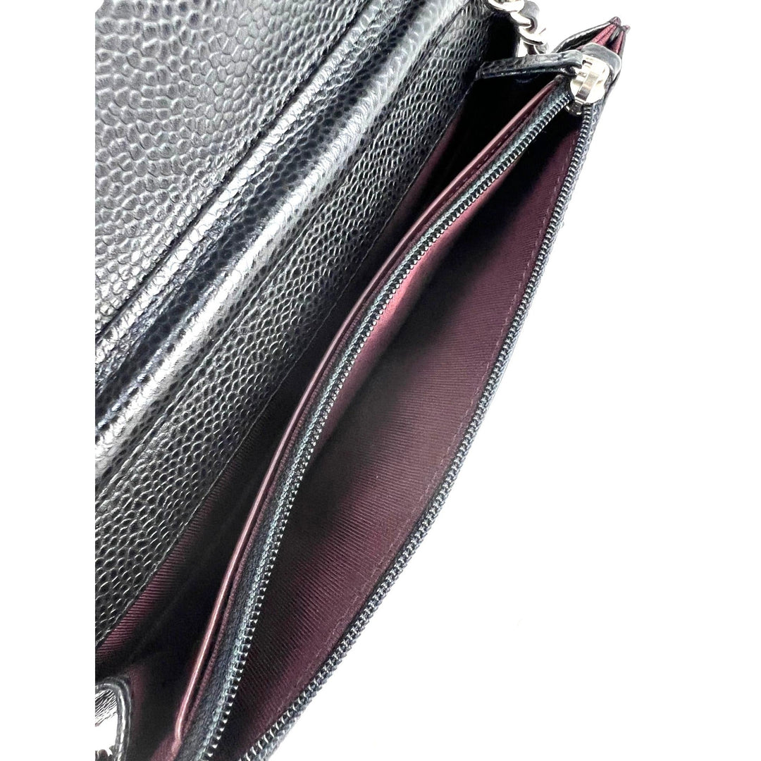Chanel Quilted Caviar Calfskin Wallet on a Chain Clutch interior view showing burgundy fabric, luxury bags.
