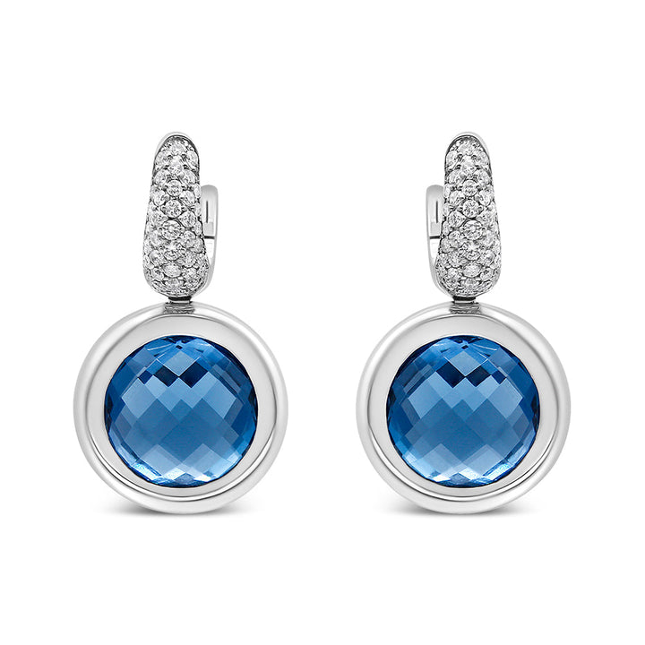 18K White Gold Bezel Set 11mm Blue Topaz and 1/2 Cttw Invisible Set Diamond Bale Dangle Earrings (F-G Color, VS1-VS2 Clarity)