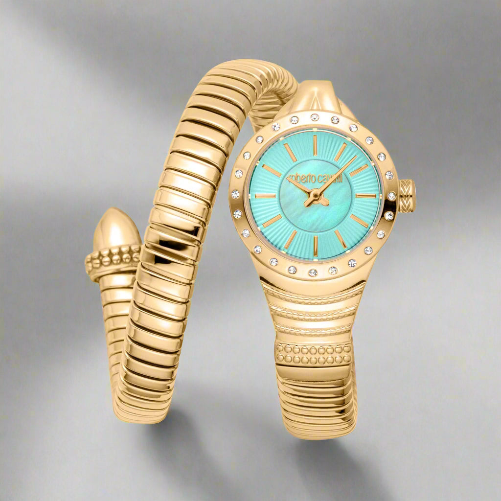 Roberto Cavalli women's green dial gold serpent spiral Watches