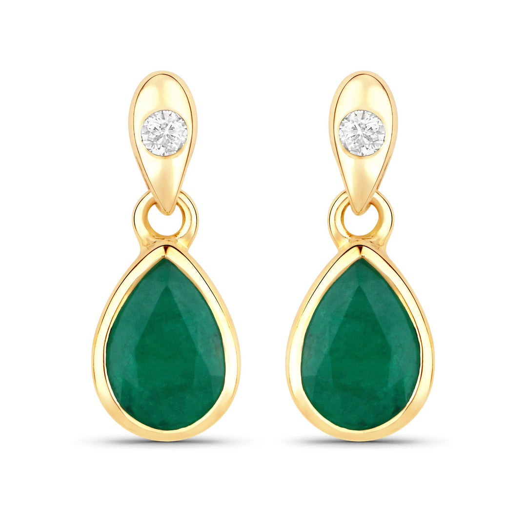 1.35 Carat Genuine Zambian Emerald and White Diamond 14K Yellow Gold Earrings