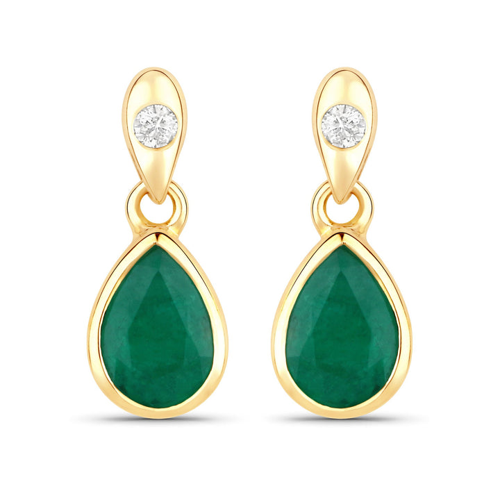1.35 Carat Genuine Zambian Emerald and White Diamond 14K Yellow Gold Earrings