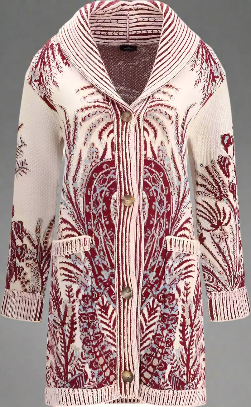 Knitted cardigan with a patterned design on a white background