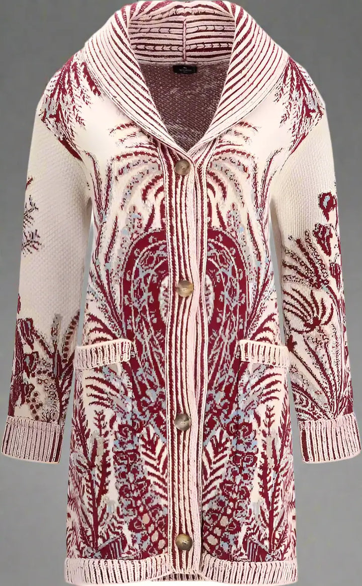 Knitted cardigan with a patterned design on a white background