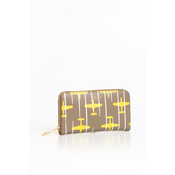 A Trussardi wallet with a yellow and brown geometric pattern and a zipper fastening.