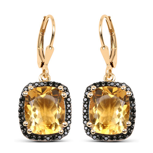 14K Yellow Gold Plated 8.90 Carat Genuine Citrine &amp; Black Spinel .925 Sterling Silver Earrings