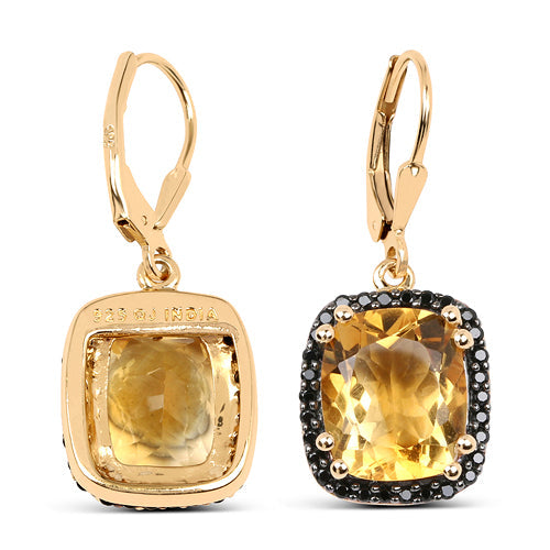14K Yellow Gold Plated 8.90 Carat Genuine Citrine &amp; Black Spinel .925 Sterling Silver Earrings