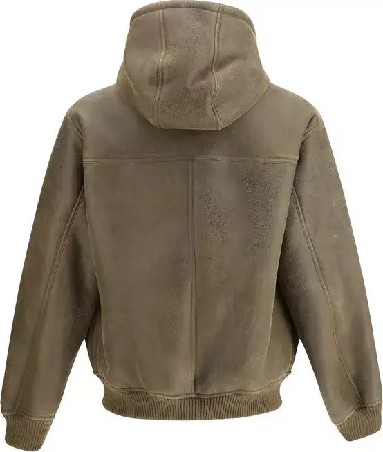 Brown leather jacket with hood on a white background