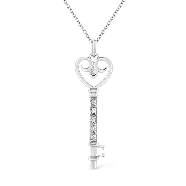 .925 Sterling Silver Pave and Bezel-Set Diamond Accent Key 18" Heart and Lock Pendant Necklace (K-L Color, I1-I2 Clarity)